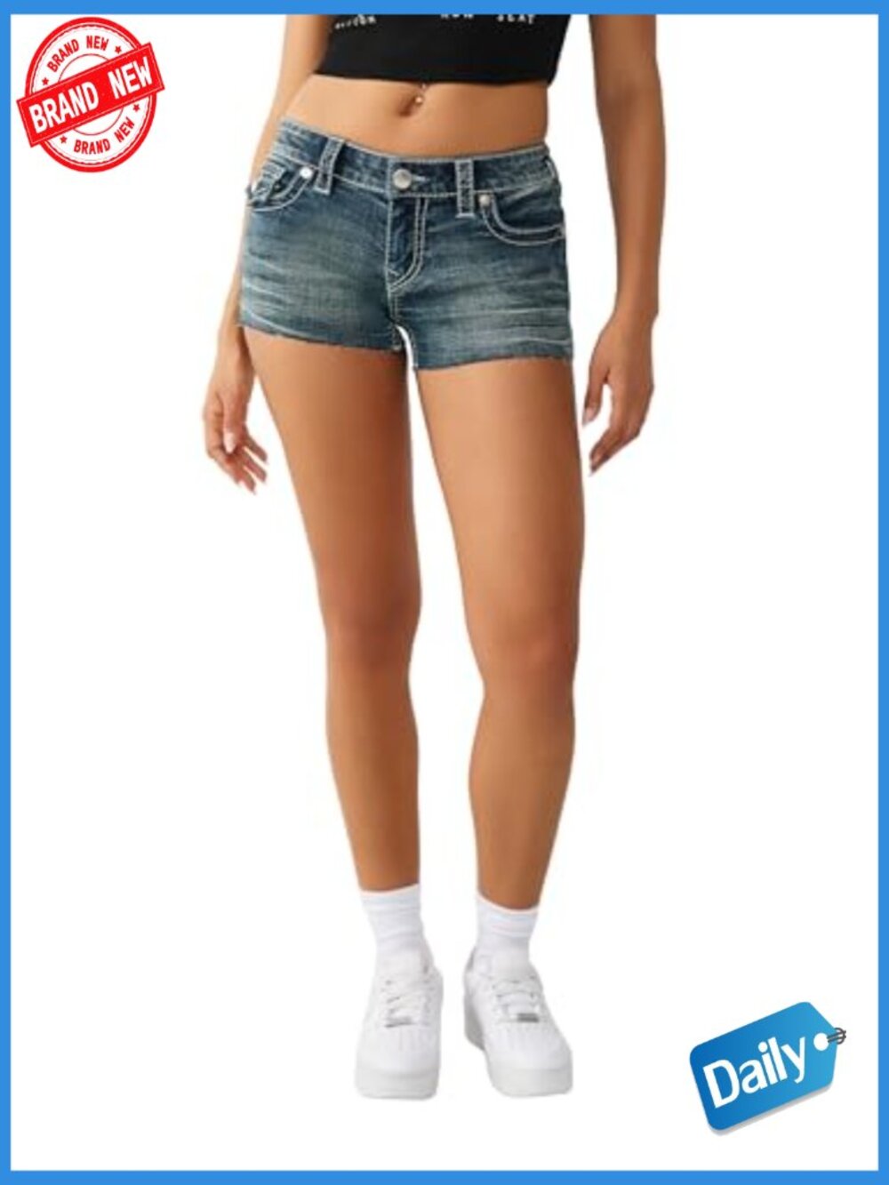 Low Rise Denim Shorts with Raw Hem and Back Flap Pockets - Picture 2 of 7
